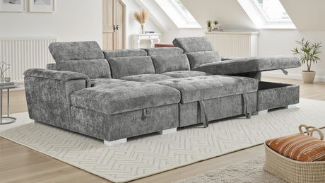 Grey Fabric Large U Shape Corner Sofa Bed