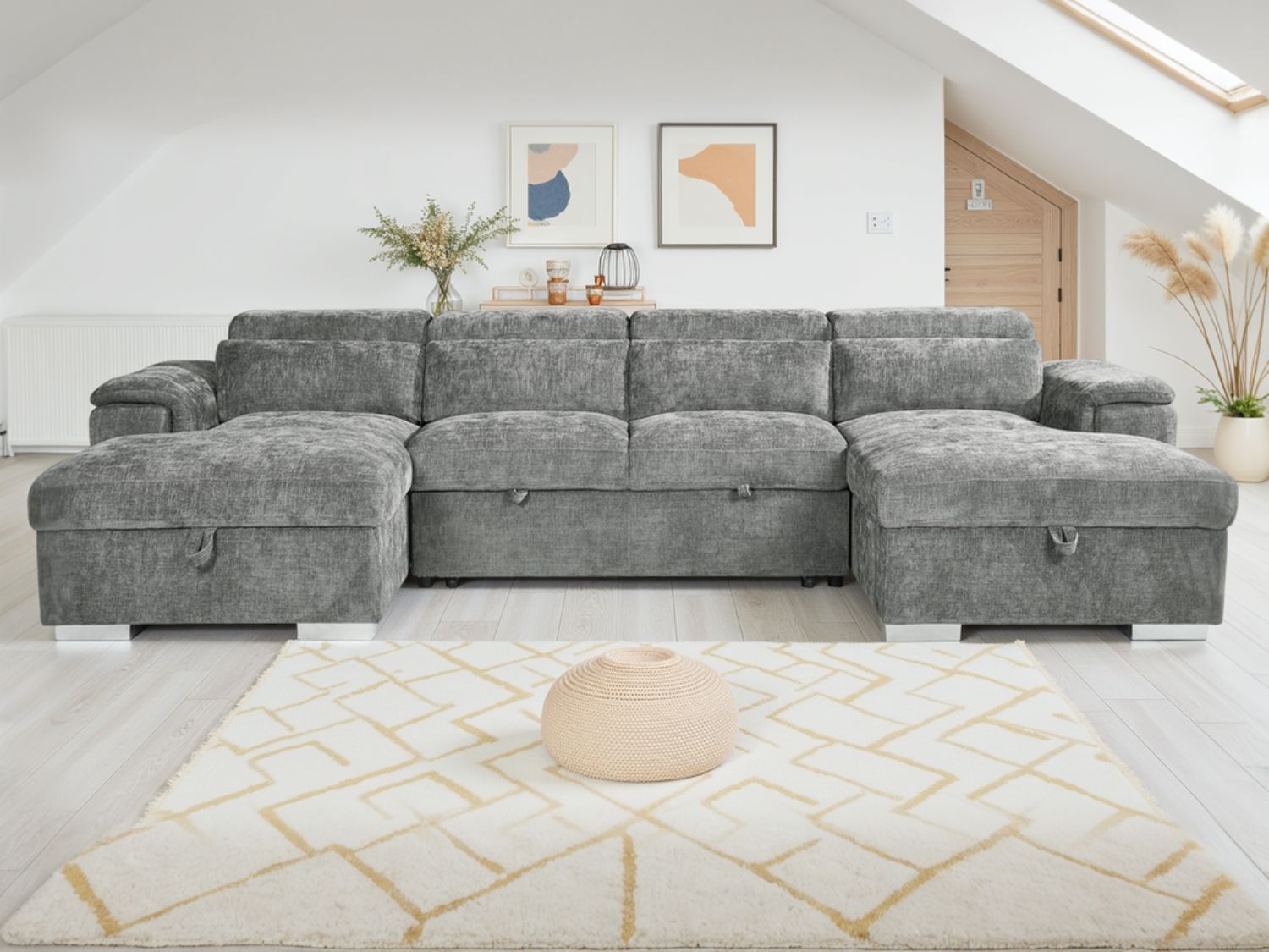 Grey Fabric Large U Shape Corner Sofa Bed