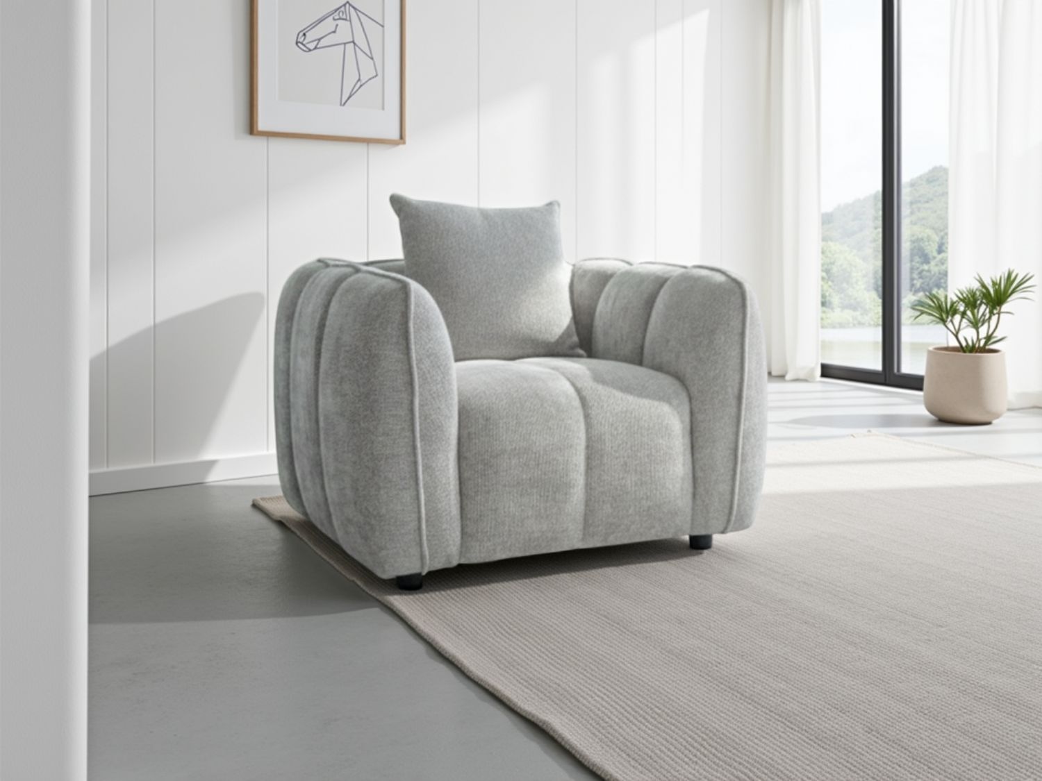 Grey Fabric Tufted Design Armchair Pillow Back