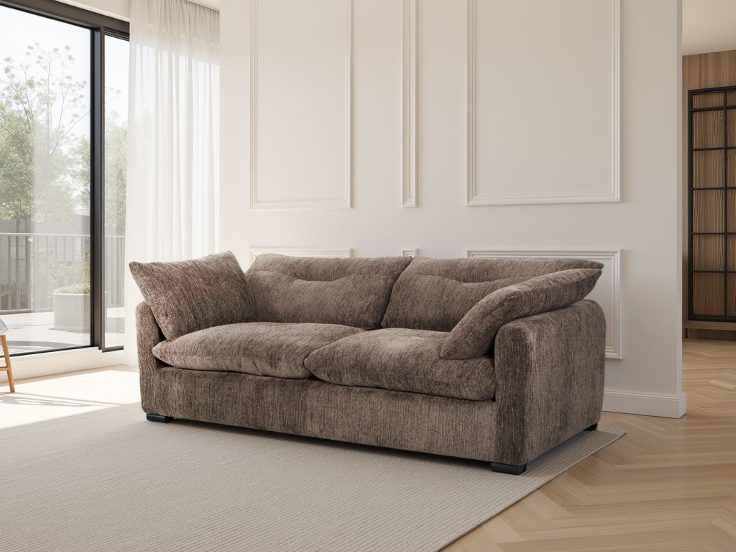 Brown Textured Fabric 3 Seater Sofa Standard Back