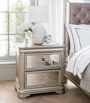 Champagne Gold and Mirrored 2 Drawer Bedside Table with Decorative Paneling