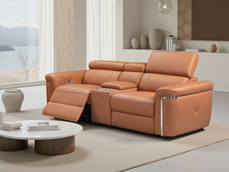 Tan Leather 2 Seater Electric Recliner Sofa Chrome Trimmed
