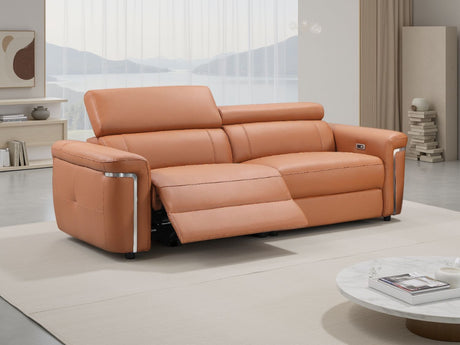 Tan Leather 3 Seater Electric Recliner Sofa Chrome Trimmed