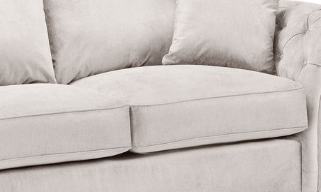 Stone Fabric Buttoned Fullback 2 Seater Sofa Scroll Arms