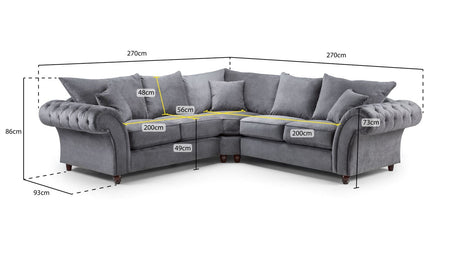 Grey Fabric Large Fullback Corner Sofa Buttoned Scroll Arms