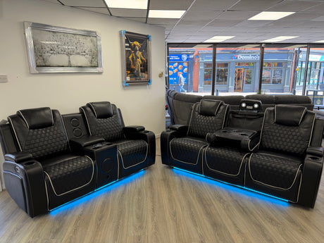 Madrid Leather Electric Recliner Sofa Set With Cupholders and Speakers – 3+2 Seater Sofa Set