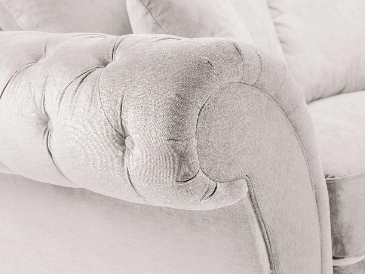 Stone Fabric Buttoned Fullback 2 Seater Sofa Scroll Arms