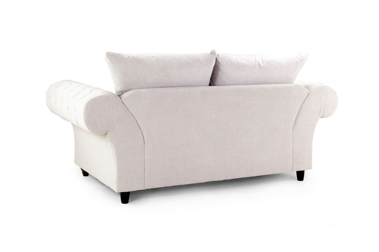 Stone Fabric Buttoned Fullback 2 Seater Sofa Scroll Arms