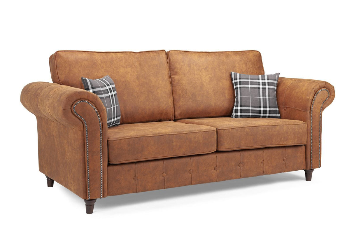 Tan Leather Effect Standard Back 3 Seater Sofa