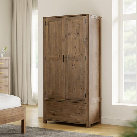 Rustic Solid Wood 2 Door Double Wardrobe with Drawer