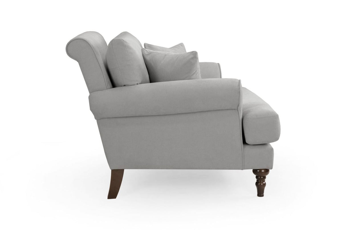 Grey Fabric Scrolled Armed Armchair Turned Wooden Legs