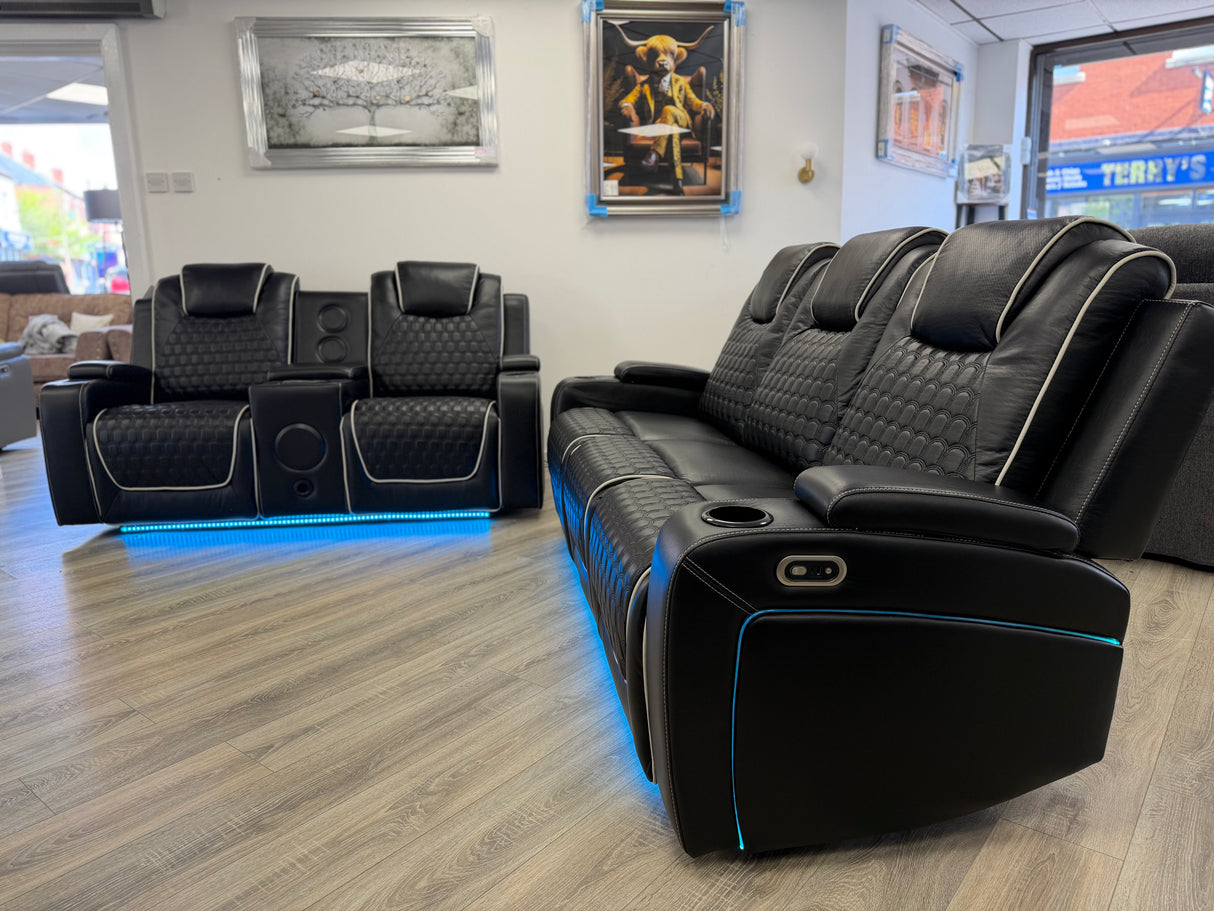 Madrid Leather Electric Recliner Sofa Set With Cupholders and Speakers – 3+2 Seater Sofa Set