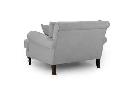 Grey Fabric Scrolled Armed Armchair Turned Wooden Legs