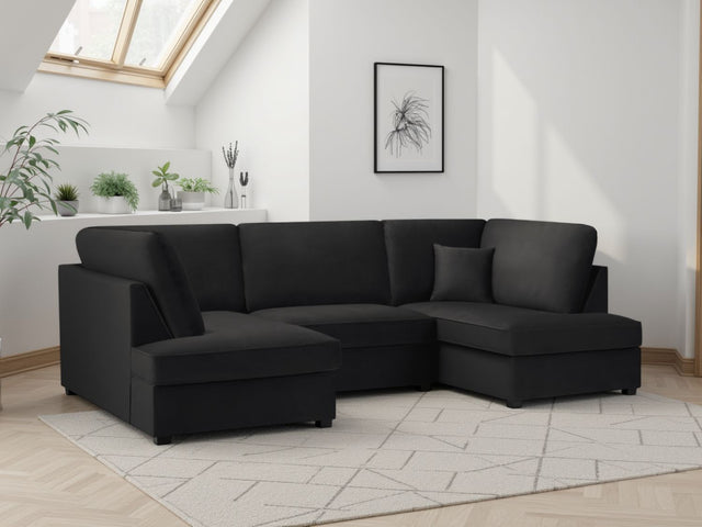 Black Fabric U Shape Plush Black Corner Sofa
