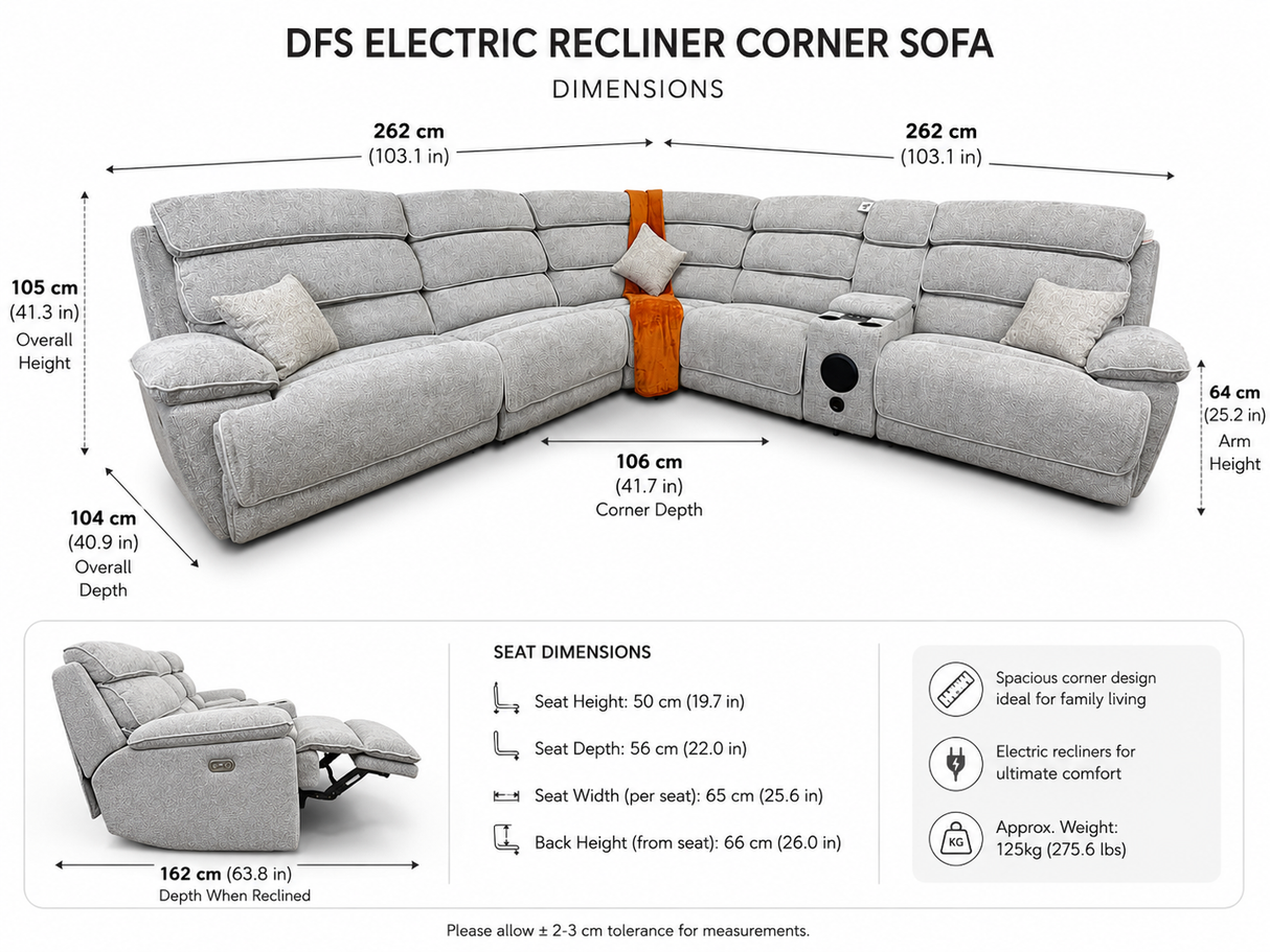 DFS Electric Recliner Corner Sofa – Biege Fabric with Bluetooth Speaker & USB