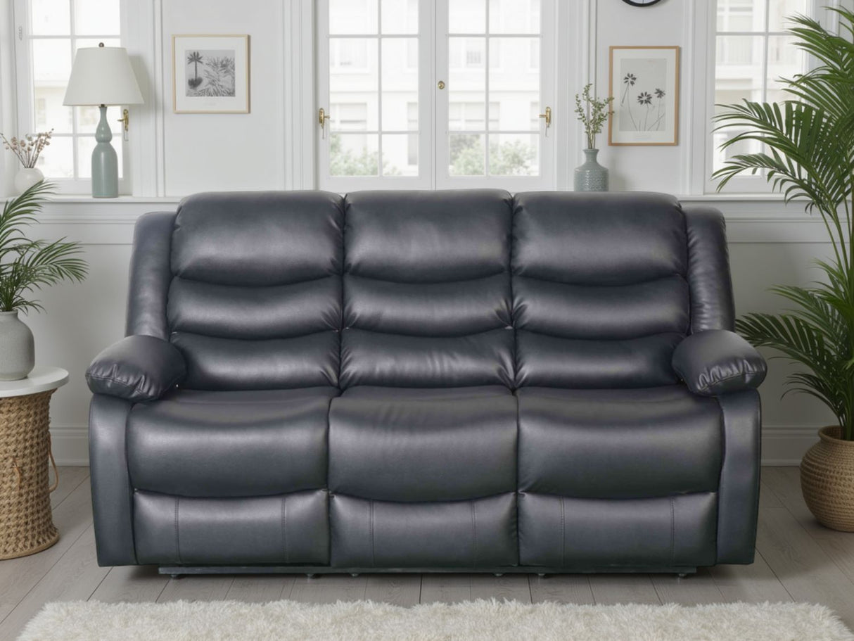 Black Leather Effect 3 Seater Manual Recliner Sofa