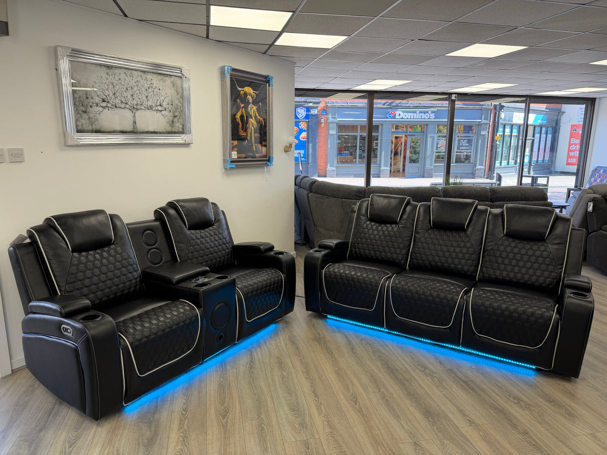 Madrid Leather Electric Recliner Sofa Set With Cupholders and Speakers – 3+2 Seater Sofa Set