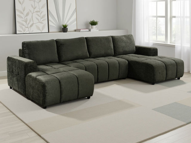 Green Fabric Large U Shape Sofabed with Underseat Storage