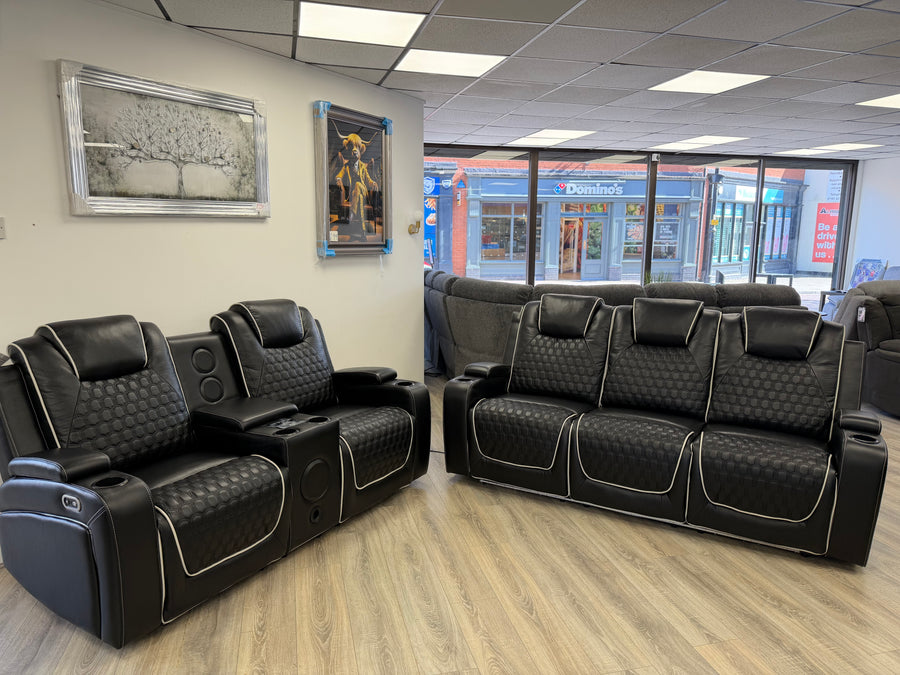 Madrid Leather Electric Recliner Sofa Set With Cupholders and Speakers – 3+2 Seater Sofa Set
