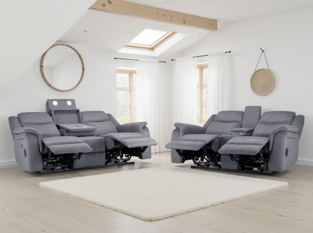 Galaxy Tech Electric Recliner Sofa Grey Fabric 3+2 Set