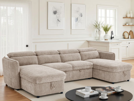 Beige Fabric Large U Shape Corner Chaise Sofa Bed