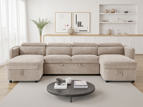 Beige Fabric Large U Shape Corner Chaise Sofa Bed