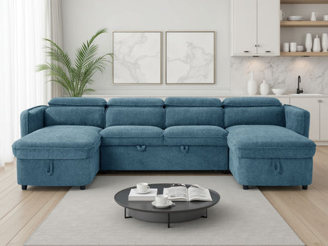 Blue Fabric Large U Shape Corner Sofa Bed