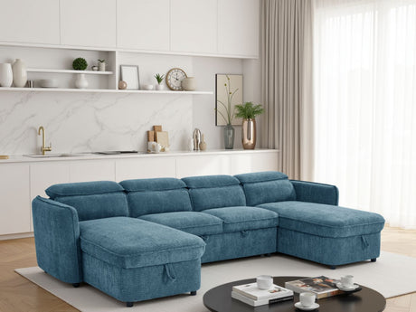 Blue Fabric Large U Shape Corner Sofa Bed