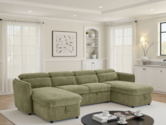 Green Fabric Large U Shape Corner Chaise Sofa Bed Headrests