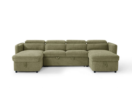Green Fabric Large U Shape Corner Chaise Sofa Bed Headrests
