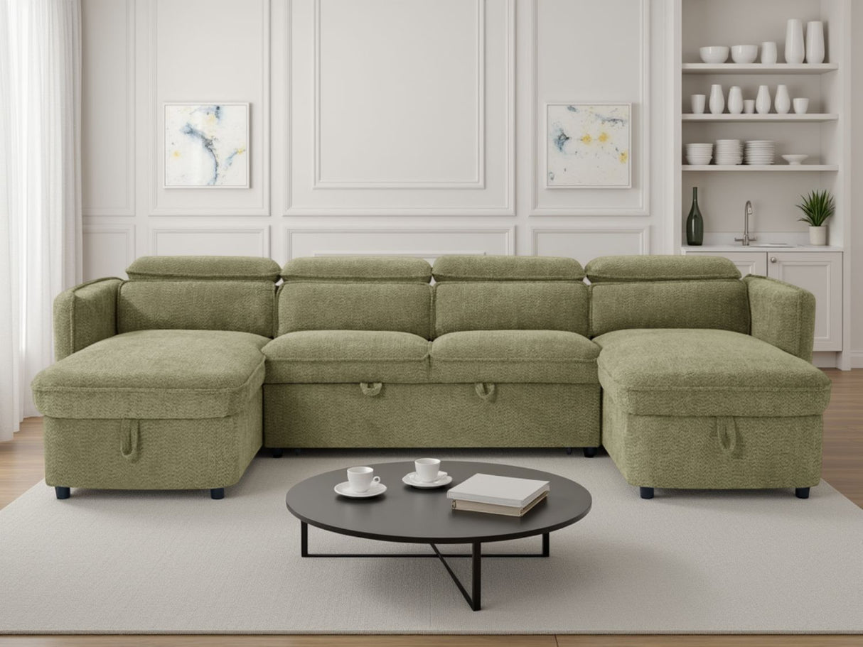 Green Fabric Large U Shape Corner Chaise Sofa Bed Headrests