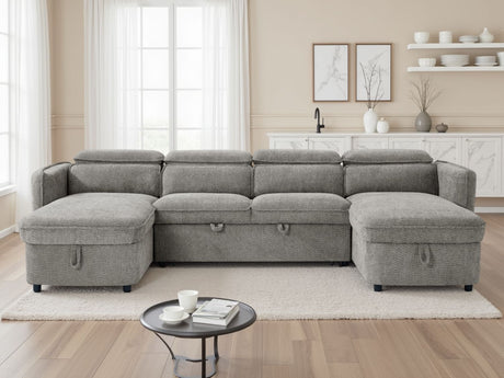 Grey Textured Fabric Large U Shape Corner Sofa Bed