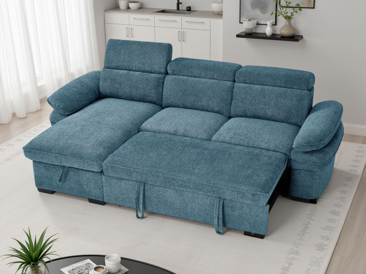 Blue Textured Fabric Corner Chaise Sofa Bed Adjustable Arms
