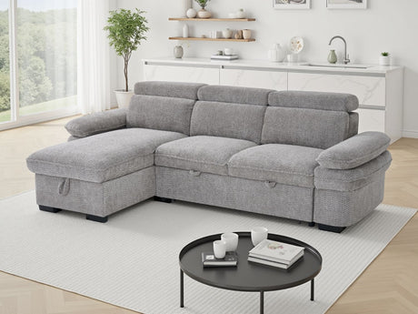 Grey Textured Fabric Corner Chaise Sofa Bed Adjustable Arms