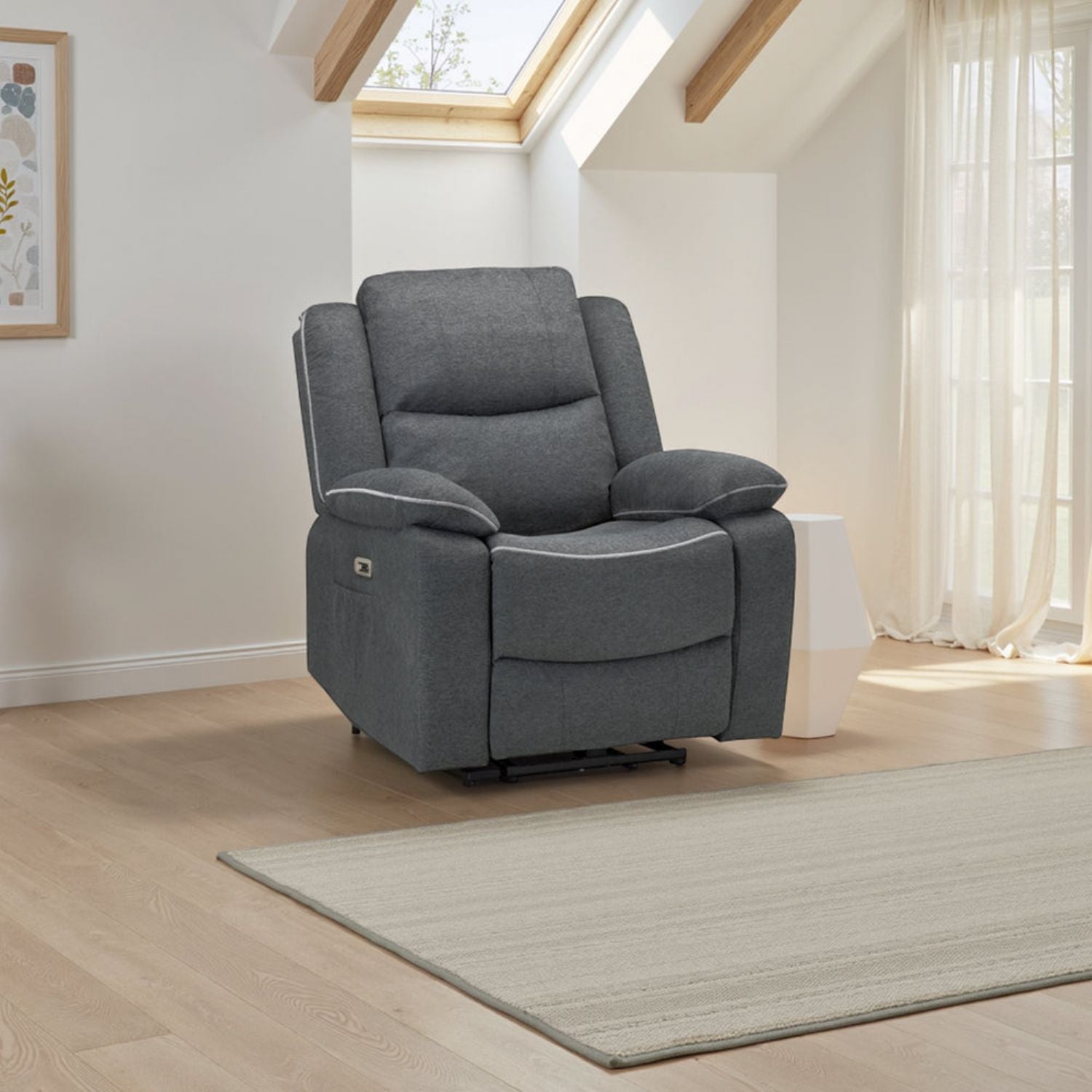 Grey Fabric Electric Recliner Armchair with Cup Holder