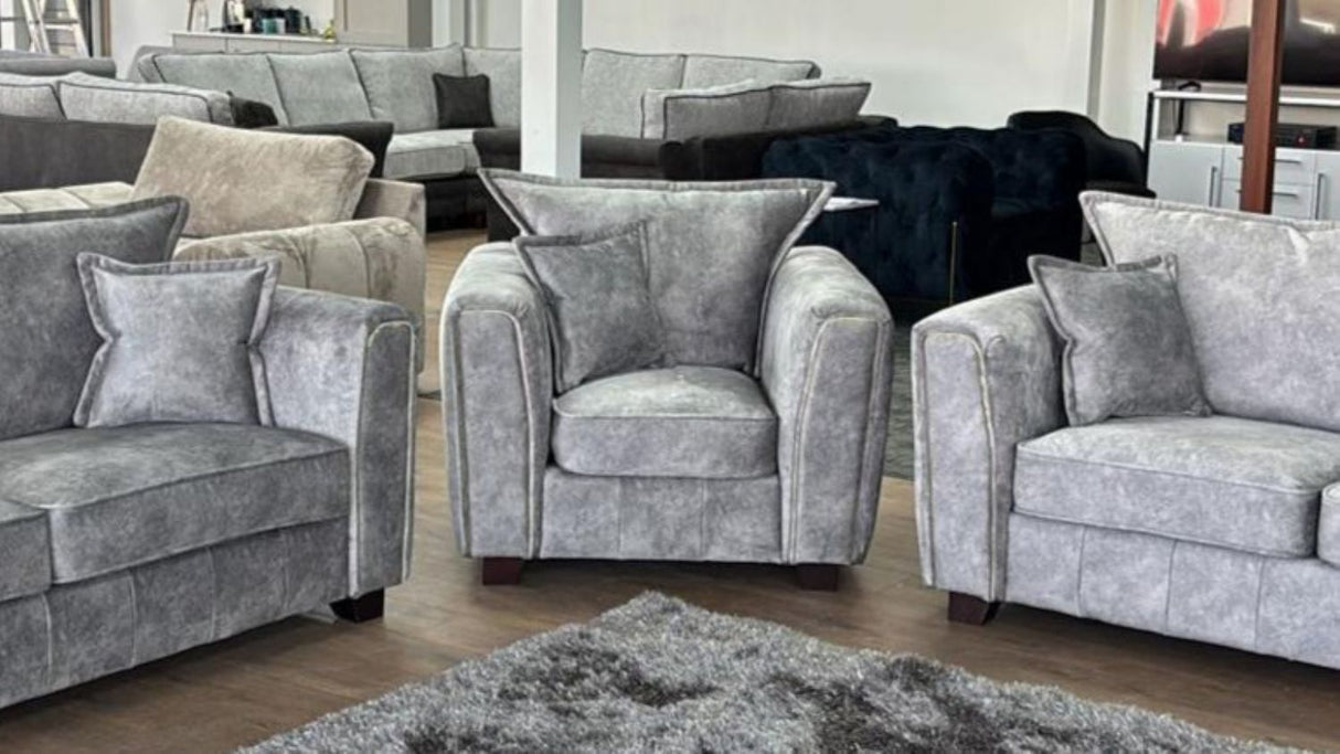 Silver Grey Velvet Effect Fabric High Back Armchair