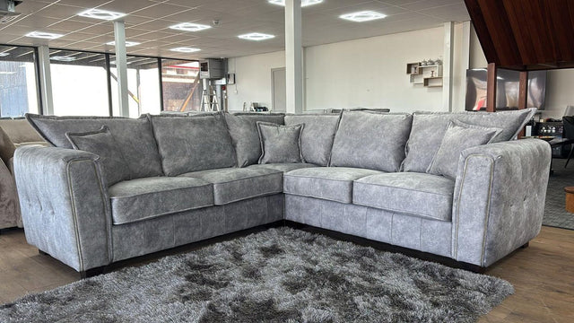 Silver Grey Velvet Effect Fabric High Back Large Corner Sofa