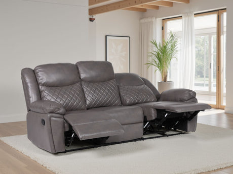 Grey Leather 3 Seater Quilted Manual Recliner Sofa