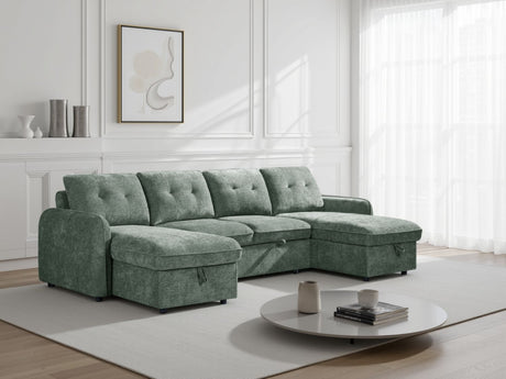 Green Textured Fabric Large U Shape Corner Chaise Sofa Bed
