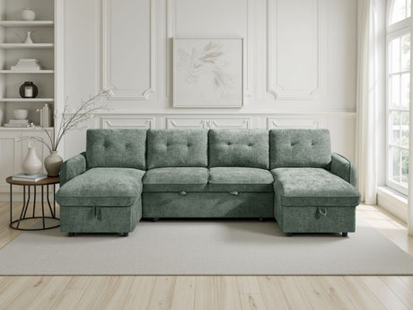 Green Textured Fabric Large U Shape Corner Chaise Sofa Bed