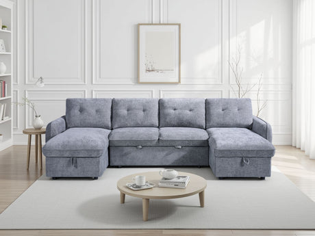 Grey Textured Fabric Large U Shape Corner Chaise Sofa Bed
