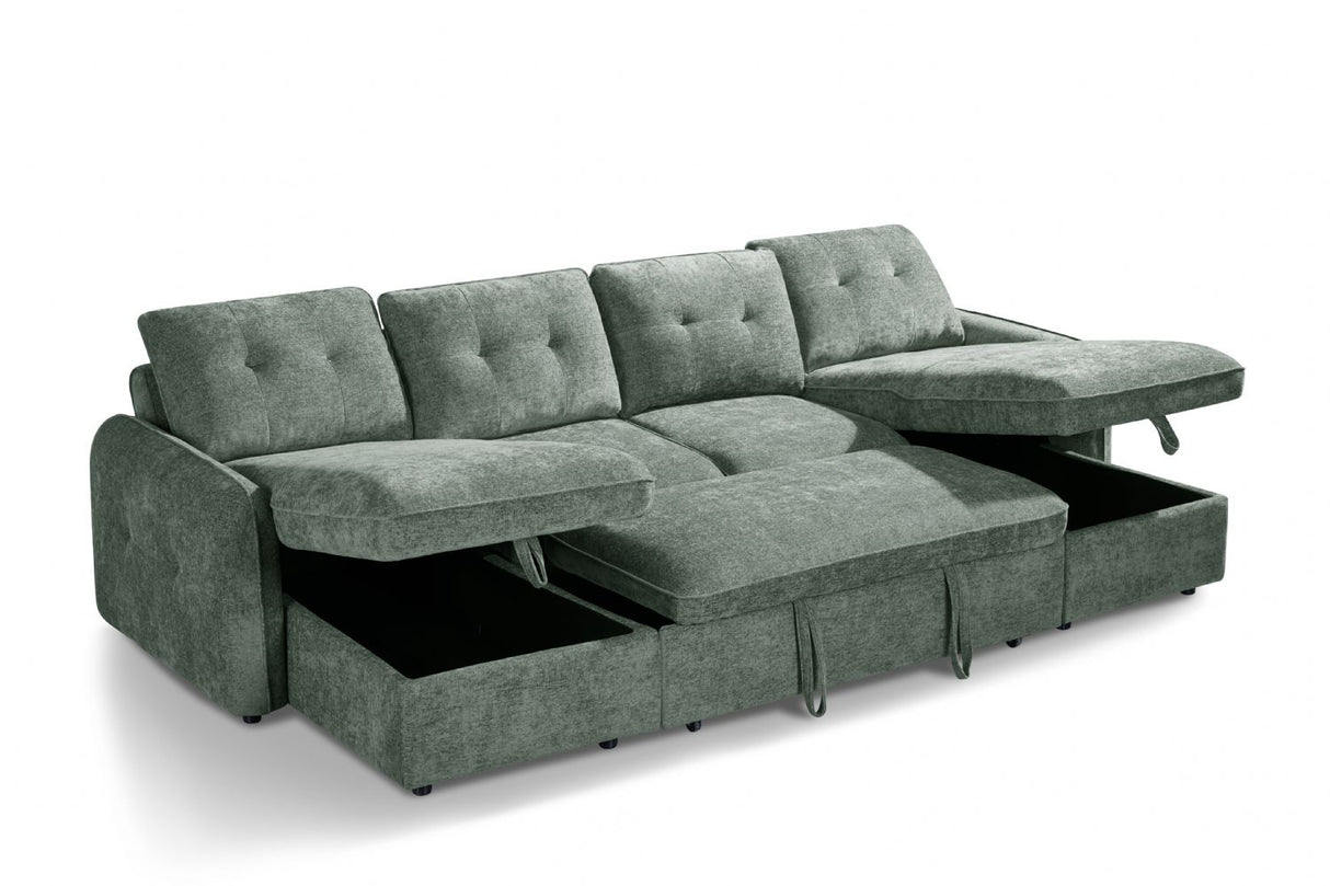 Green Textured Fabric Large U Shape Corner Chaise Sofa Bed