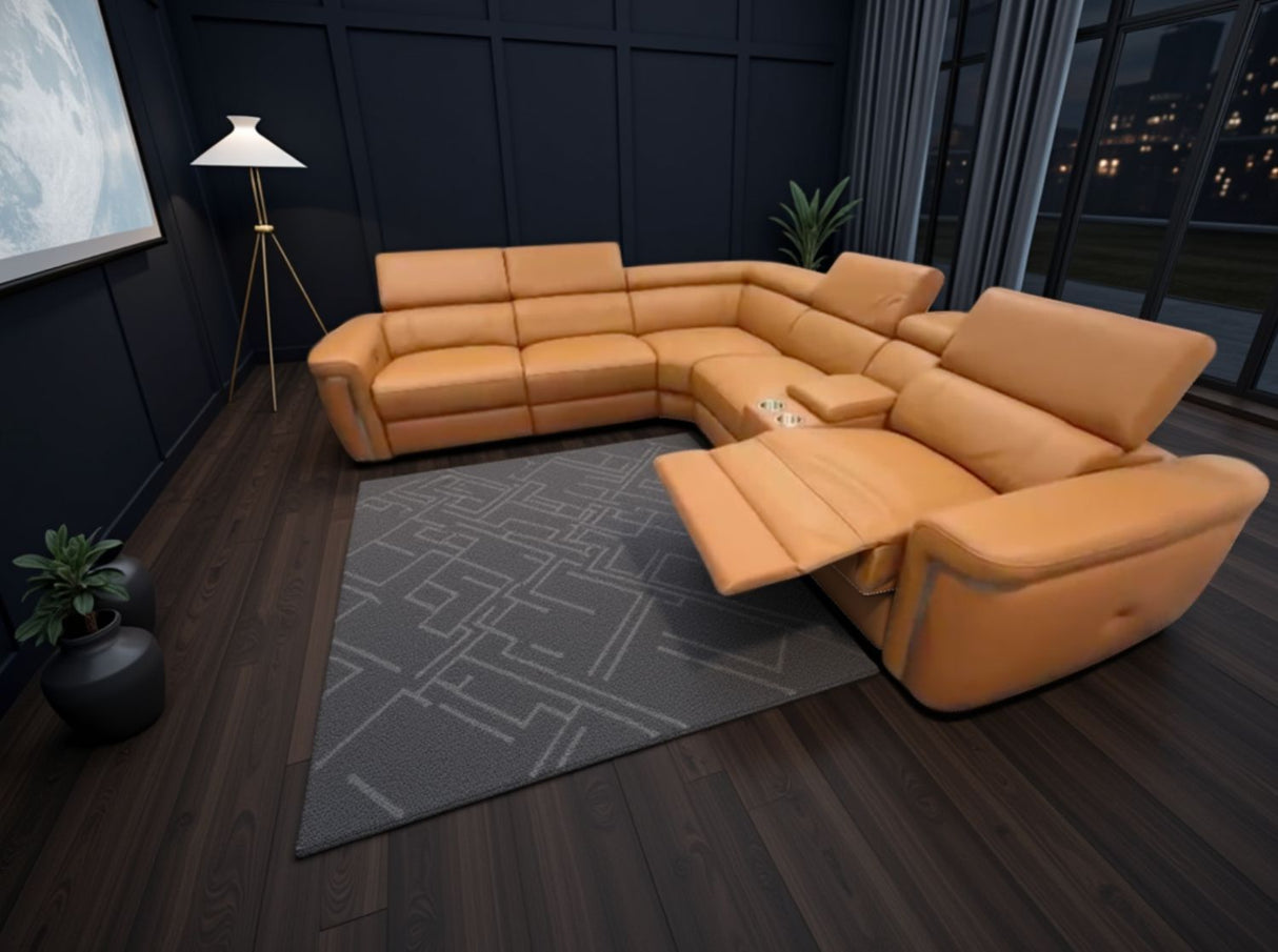 Tan Leather Large Electric Recliner Corner Sofa with Console