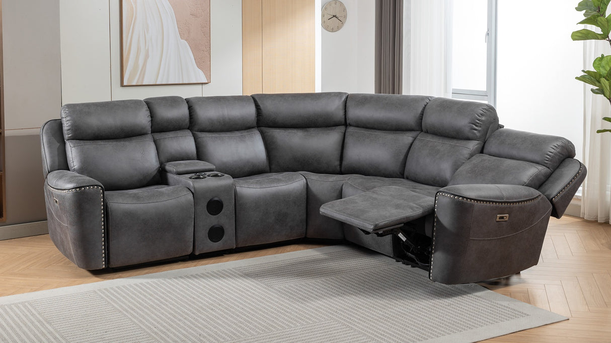 Techtronic Leather Like Bluetooth + Speakers Electric Reclining Corner Sofa With Console