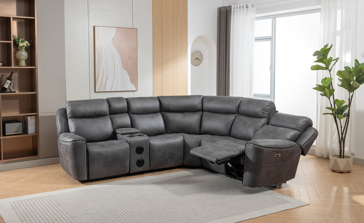 Techtronic Leather Like Bluetooth + Speakers Electric Reclining Corner Sofa With Console