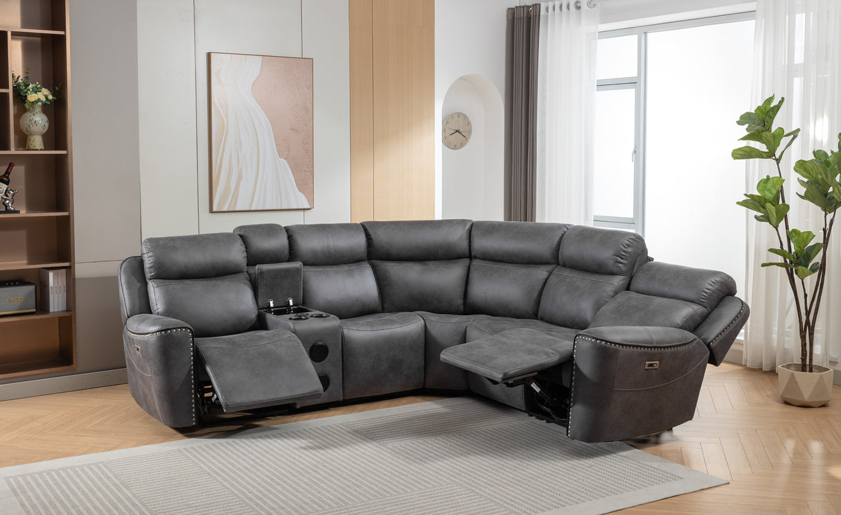 Techtronic Leather Like Bluetooth + Speakers Electric Reclining Corner Sofa With Console