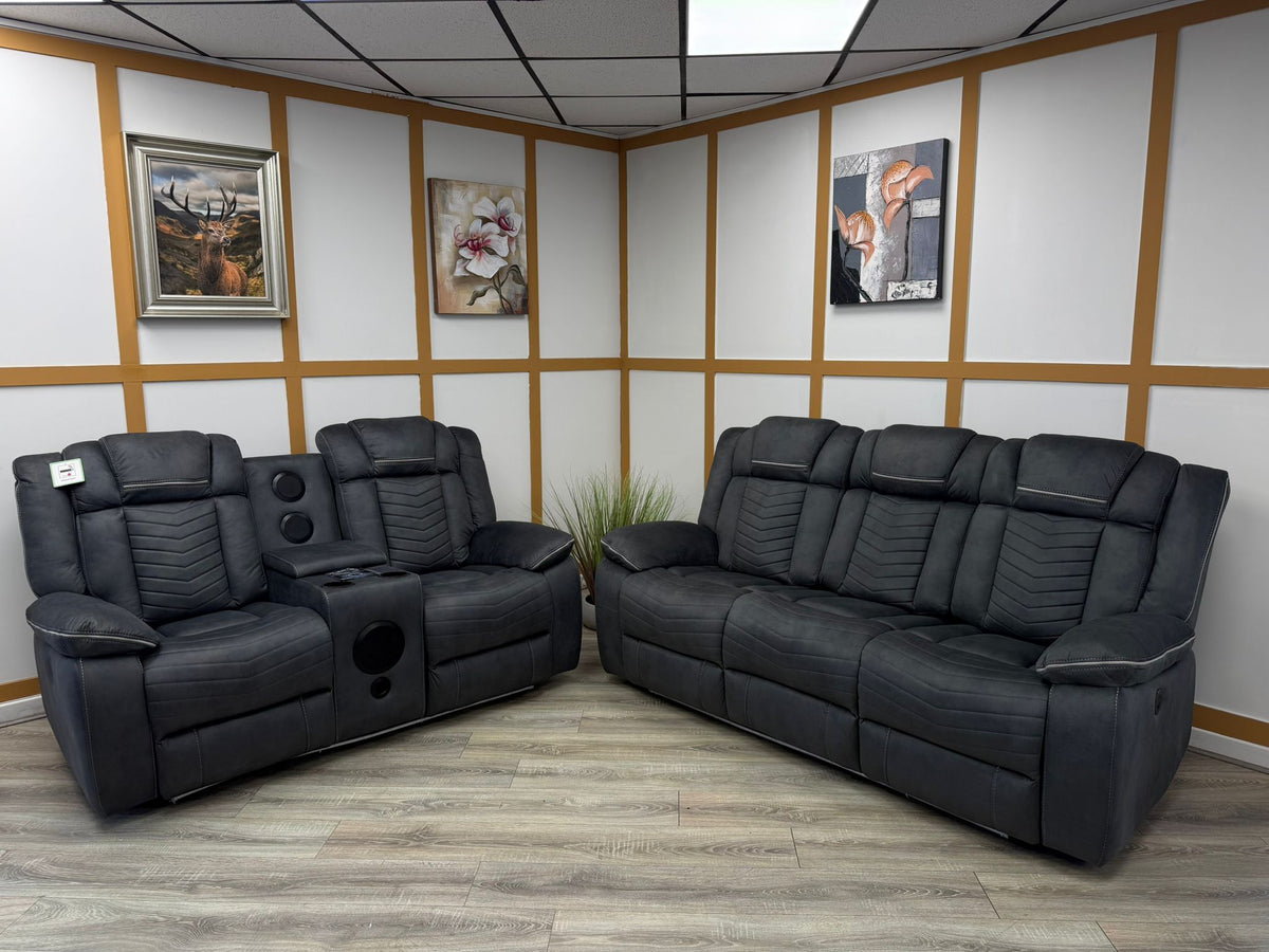Aspen Smart Electric Recliner Sofa Set 3+2 – Grey Fabric with Bluetooth Speakers, LED Lights & USB Charging
