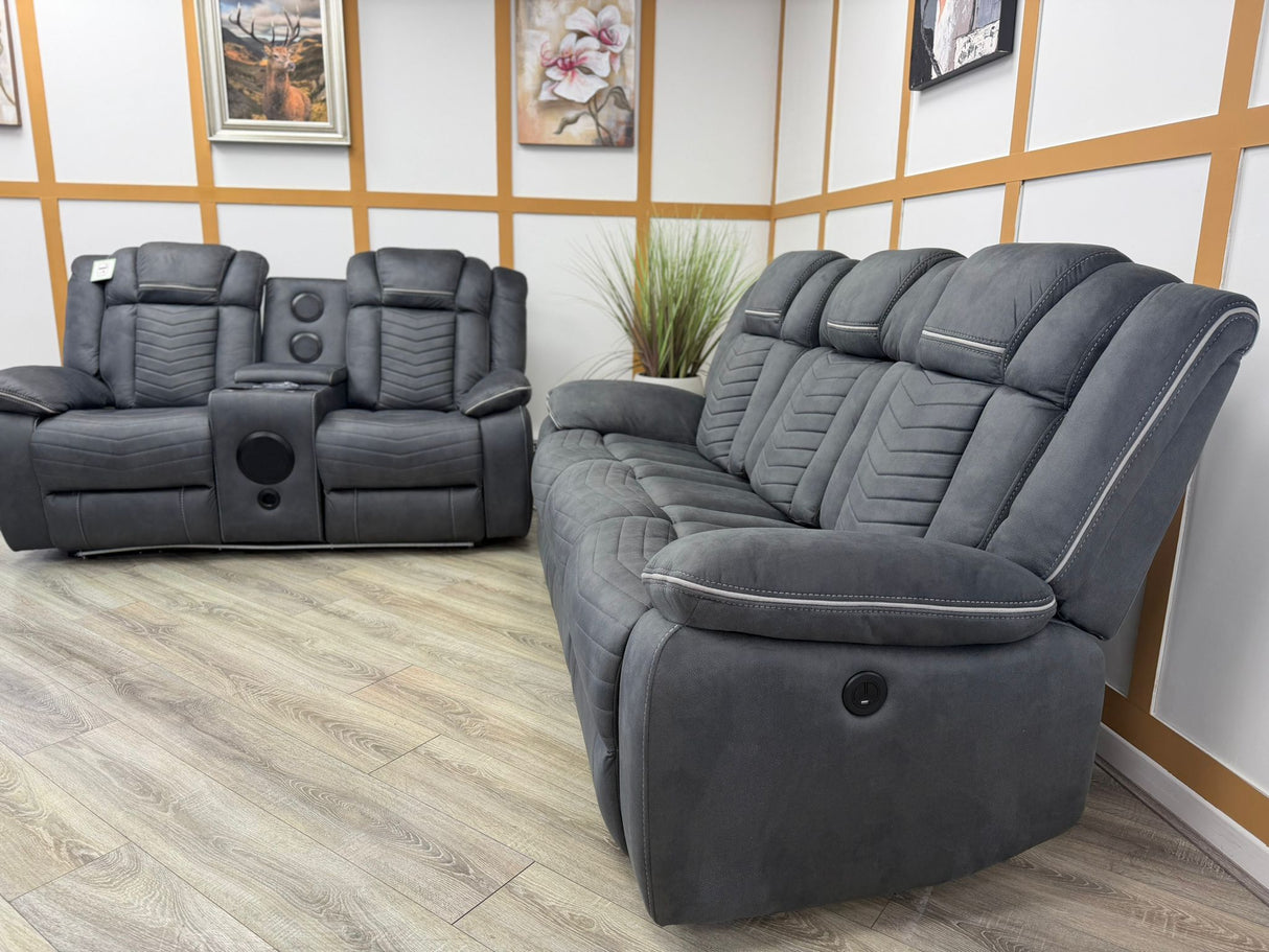Aspen Smart Electric Recliner Sofa Set 3+2 – Grey Fabric with Bluetooth Speakers, LED Lights & USB Charging