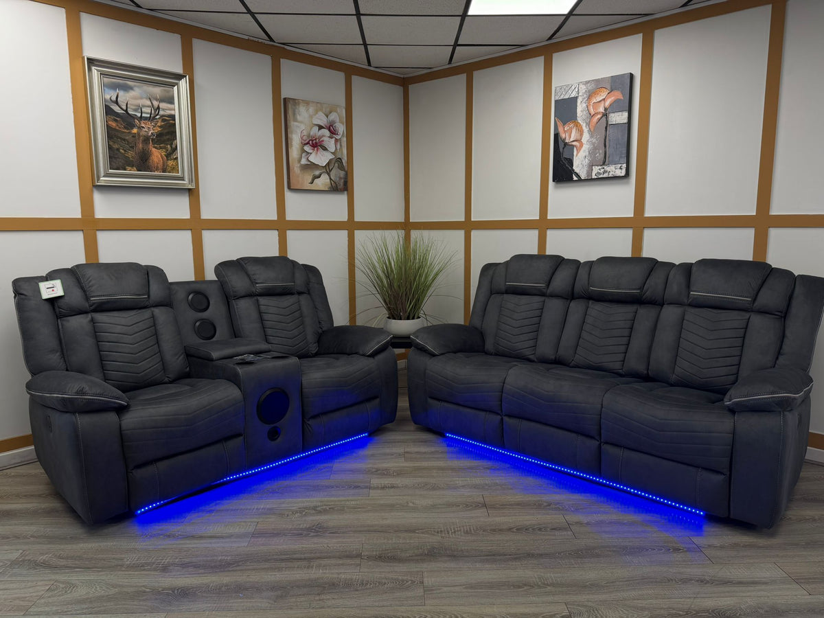 Aspen Smart Electric Recliner Sofa Set 3+2 – Grey Fabric with Bluetooth Speakers, LED Lights & USB Charging