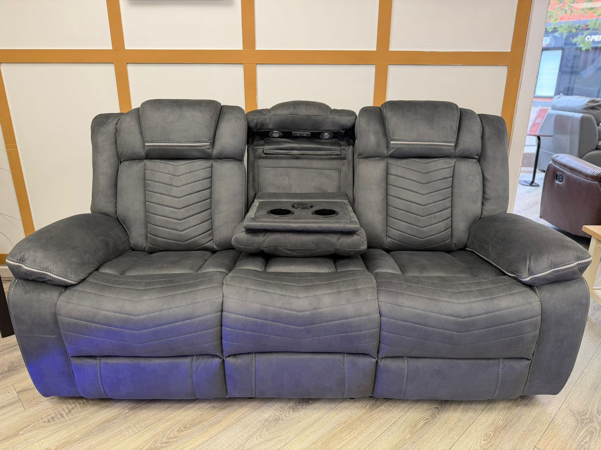 Aspen Smart Electric Recliner Sofa Set 3+2 – Grey Fabric with Bluetooth Speakers, LED Lights & USB Charging